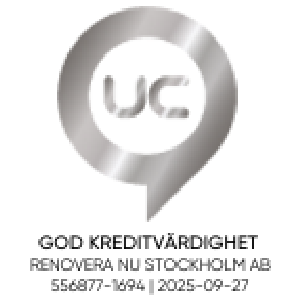 UC sigill i silver med texten God kreditvärdighet, Renovera Nu Stockholm AB, organisationsnummer 556877-1894 och datum 2025-09-27