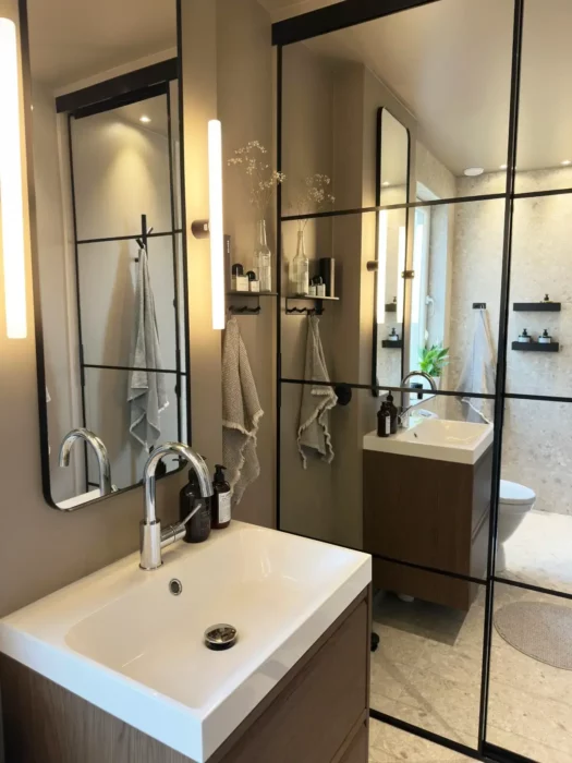 Stilrent badrum i Bromma med modern kommod, spegelvägg och elegant belysning.